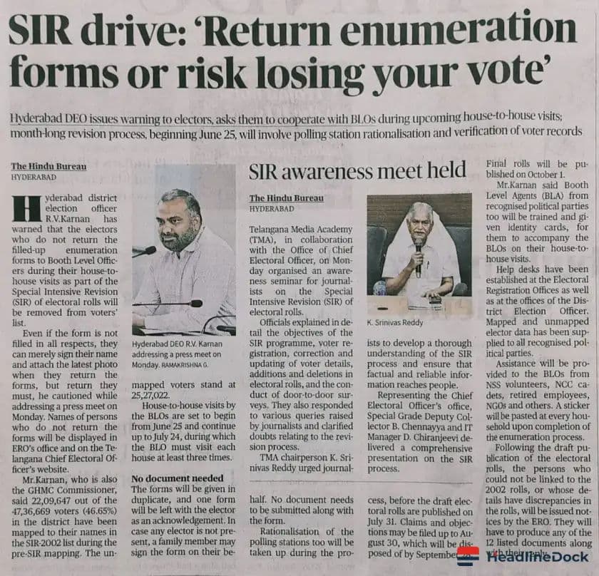 Mandatory Voter Enumeration Form Required for Hyderabad Draft Electoral Roll Revision