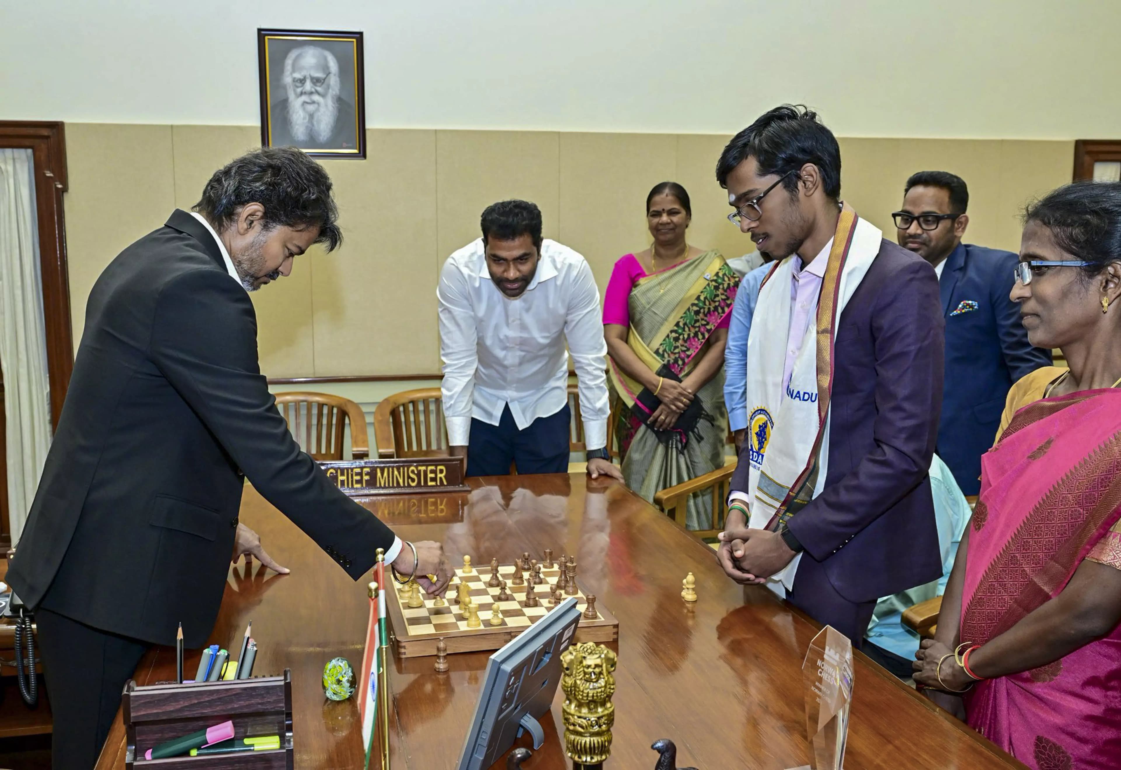 CM Vijay Tackles Chess with Young Champion Praggnanandhaa