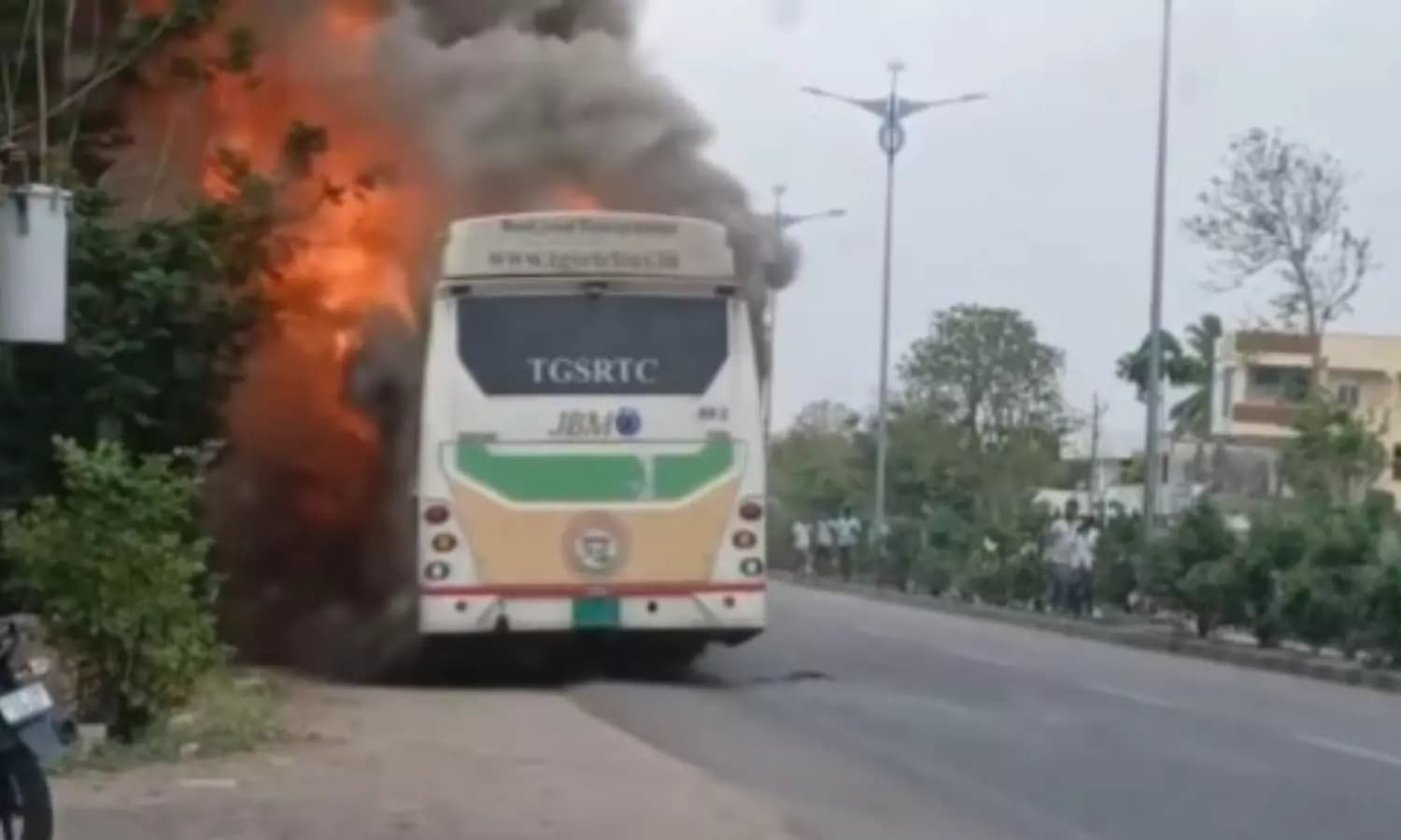 Electric RTC Bus Catches Fire Near Karimnagar; All 40 Passengers Safe